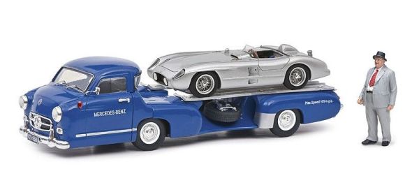 SCH03768 - MERCEDES Autotransporter blau mit MERCEDES 300 SLR grau avce figurine - 1