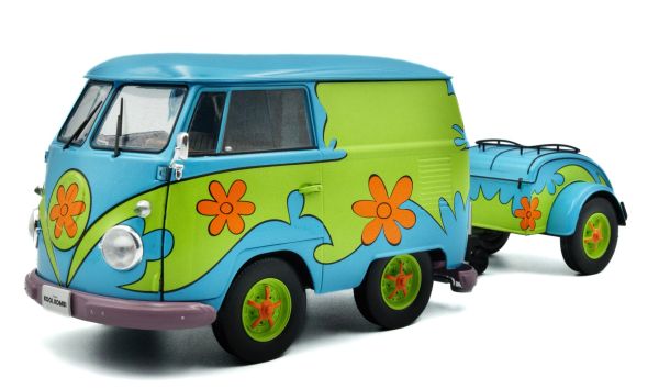 SOL1810904 - VOLKSWAGEN Kombi mit Anhänger - Flower Power 2024 blau und grün. - 1