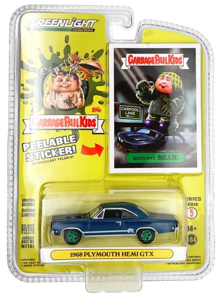 GREEN54090-AVERT - PLYMOUTH Hemi GTX 1968 Blau mit grünen Felgen aus der GARBAGE PAIL KIDS-Serie unter Blisterverpackung. - 1