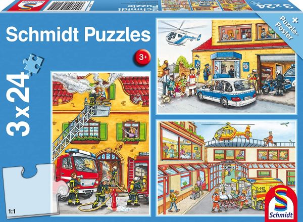 SCM56215 - 3 Puzzles 24 Teile Feuerwehr und Polizist mit Poster - 1