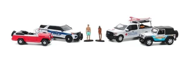 GREEN58053 - Set aus 4 Fahrzeugen - JEEP Wrangler 2012 FORD Police Interceptor Utillity 2020 FORD F-150 2016 und JEEP Jeepster Cabrio 1967 - FLORIDA SUMMER BASH. - 1