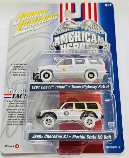 JLPK019A-3 - CHEVROLET Tahoe 1997 - Texas Highway Patrol und JEEP Cherokee XJ - Florida State K9 Unit - AMERICAN HEROES - aus der Serie TWIN PACK 2022 Serie A in Blisterverpackung - 1