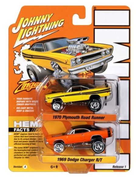 JLPK020A-2 - PLYMOUTH Road Runner 1970 gelb und DODGE Charger R/T 1969 orange aus der HEMI-Serie in Blisterverpackung - 1