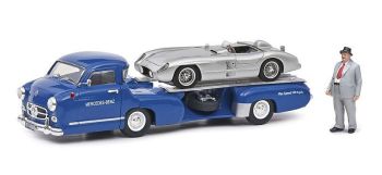 SCH03768 - MERCEDES Autotransporter blau mit MERCEDES 300 SLR grau avce figurine