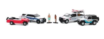 GREEN58053 - Set aus 4 Fahrzeugen - JEEP Wrangler 2012 FORD Police Interceptor Utillity 2020 FORD F-150 2016 und JEEP Jeepster Cabrio 1967 - FLORIDA SUMMER BASH.