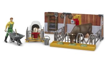 BRU62611 - Coffret d'Étable avec vache et veau avec agriculteur